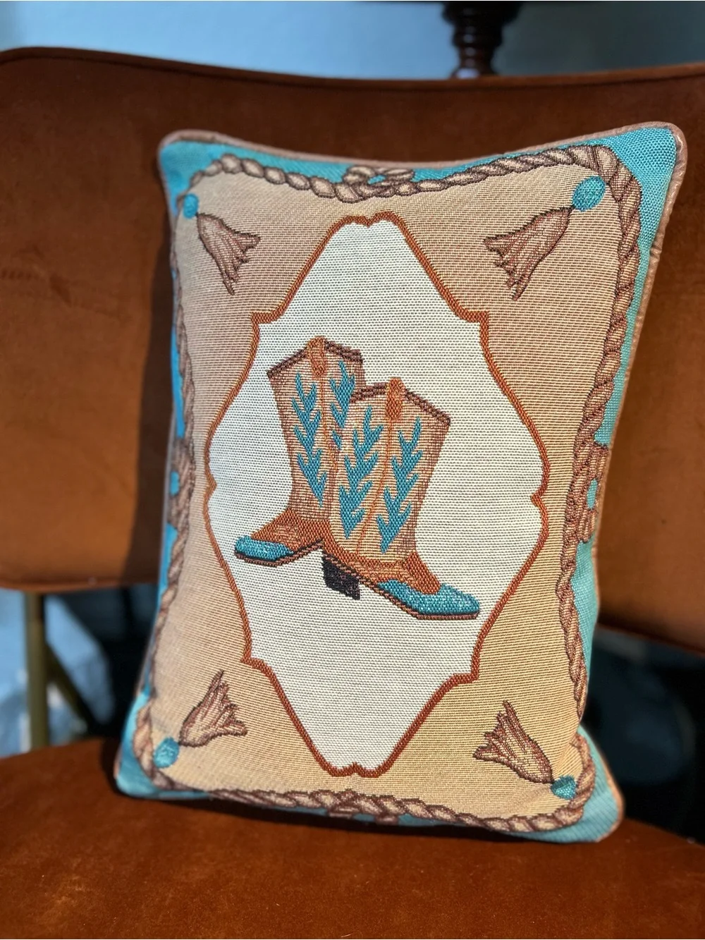 Equestrian Tapestry Horse Head and Cowboy Boots Pillow